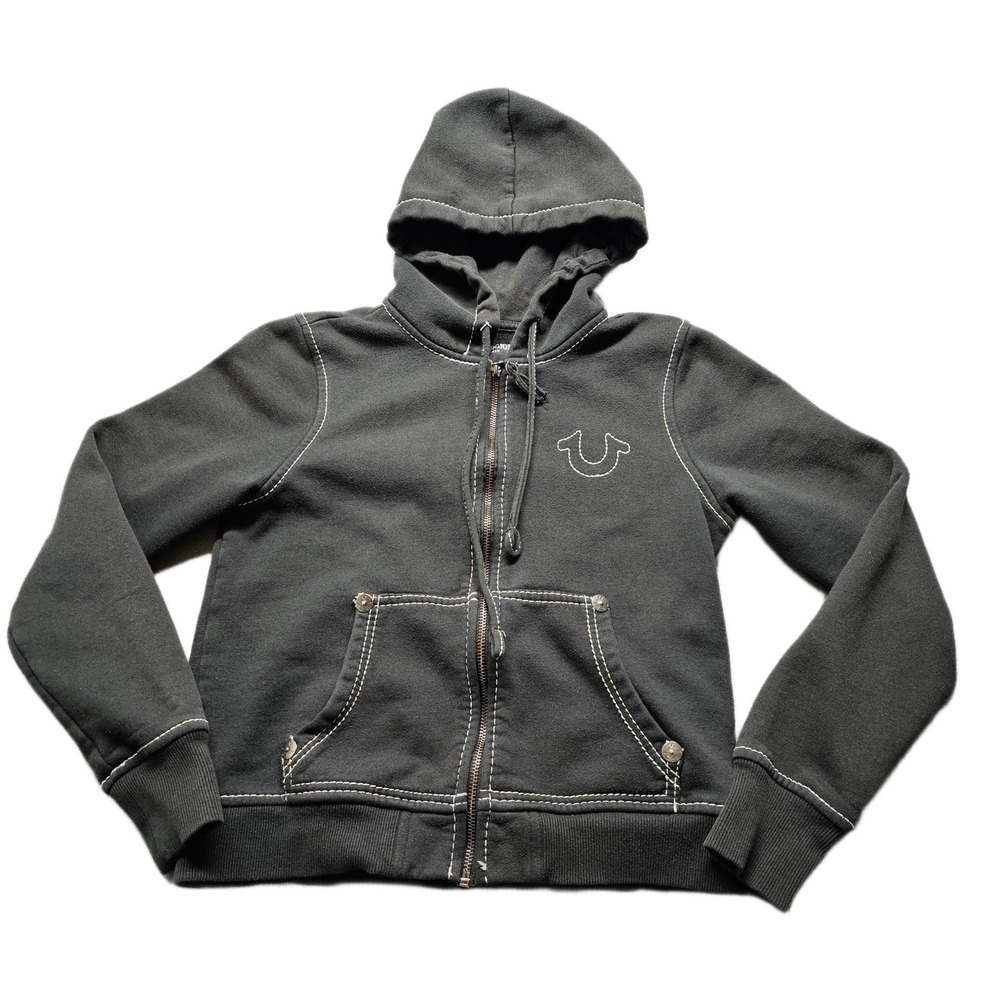 True Religion World Tour Hoodie Women SP Black Fleece Lined Long Sleeve Full Zip
